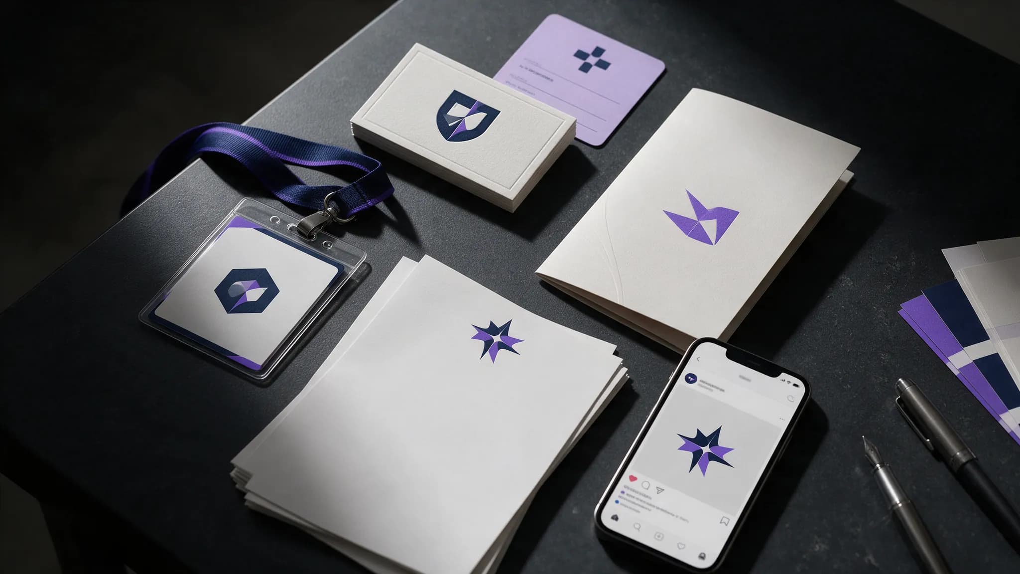 Peças de marca sobre a mesa: cartões de visita, crachá de evento, papel timbrado, folder e post no celular
