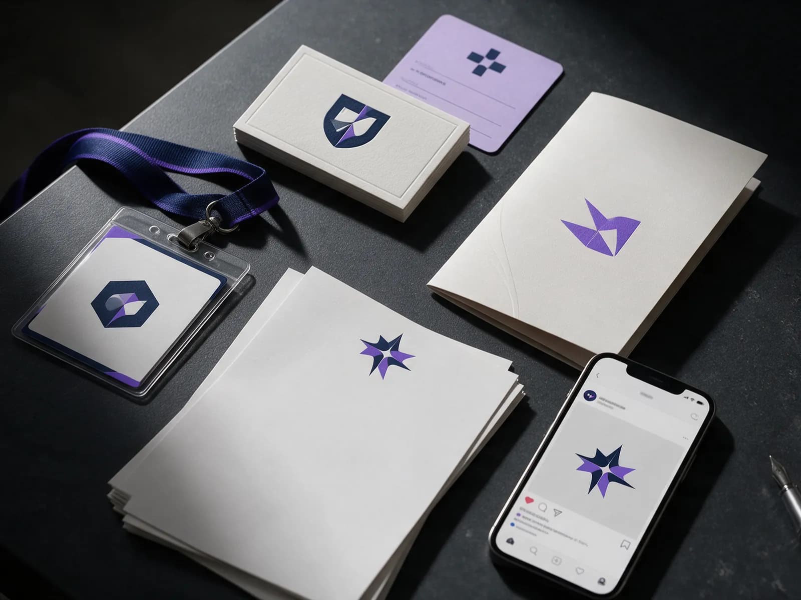 Peças de marca sobre a mesa: cartões de visita, crachá de evento, papel timbrado, folder e post no celular